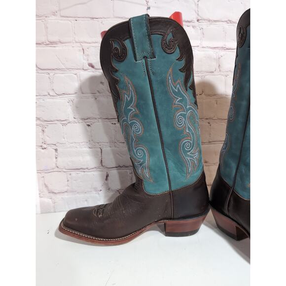Justin Boots Style L2696 Brown And Teal Leather Cowgirl Western Women Size 6.5 - Picture 11 of 16